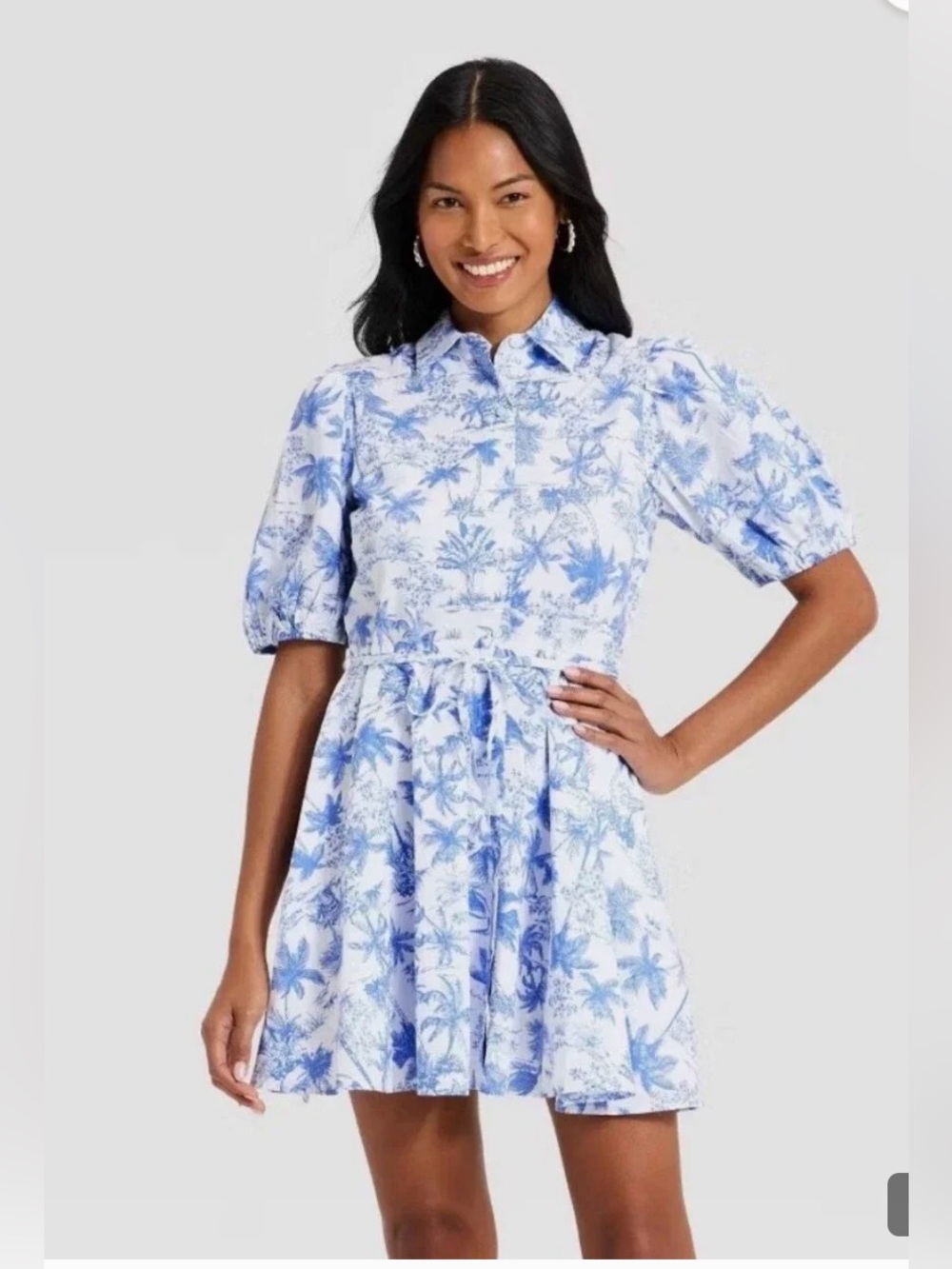 Target White and Light Blue Floral Shirtwaist Mini Dress